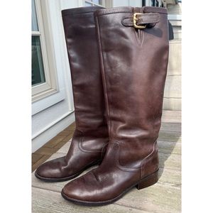 Lauren Ralph Lauren, brown knee-high leather boots with gold buckle, size 6